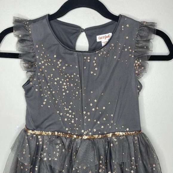 Cat & Jack Sz S 6 6X Girls Gray Metallic Gold Tulle Sleeveless Fit & Flare Dress - Picture 3 of 10